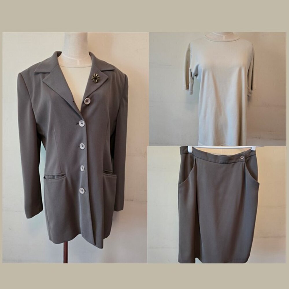 Jones New York & Jones Wear - 3-Piece Skirt, Blazer & Knit Top Set in Sage​​​